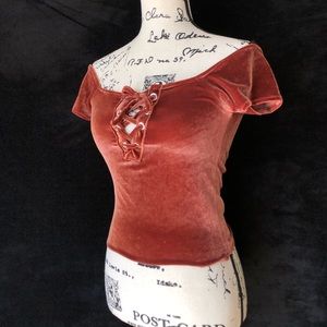 Light brown velvet top off shoulder blouse